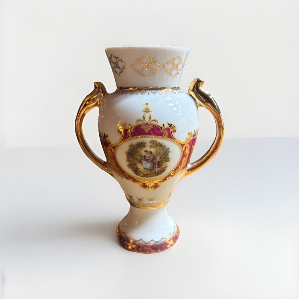 Vintage Fragonard Courting Couple 5 7/8" 2 Handle Vase Urn Gold Gilt Trim Mini